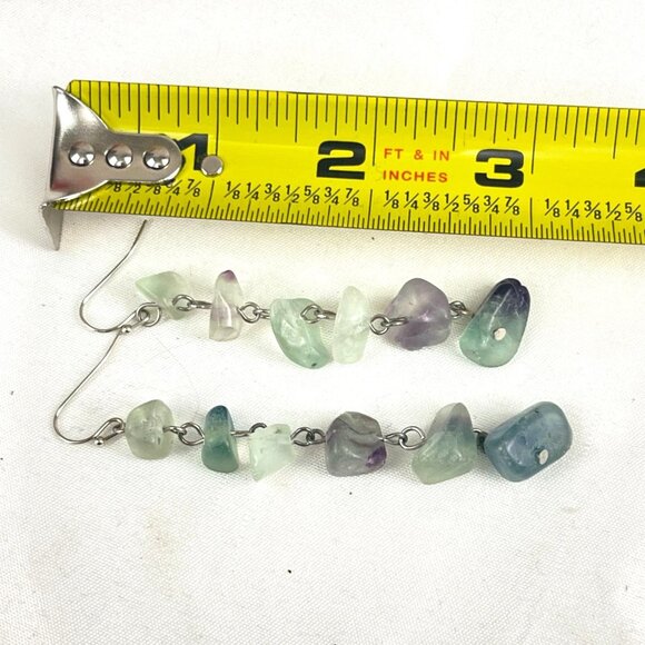 Natural Fluorite Gemstone Dangle Earrings With Silver Hook Boho Artisan Beachy - Picture 6 of 6